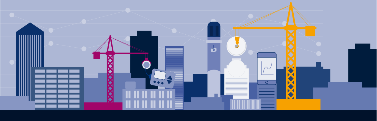 Crane, building, and diabetes devices illustration