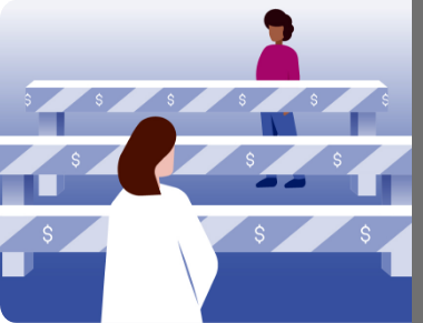 Doctor and patient separated by three hurdles with dollar signs across them
