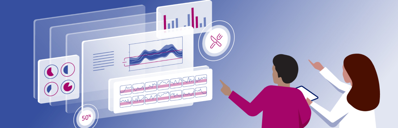 Doctor and patient looking at diabetes technology charts and graphs