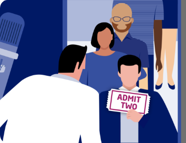 Illustration of family with boy holding an admit two ticket