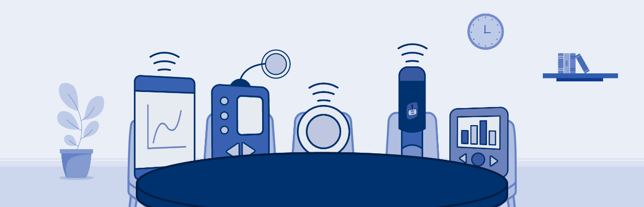 Diabetes technology icons gathered around a table