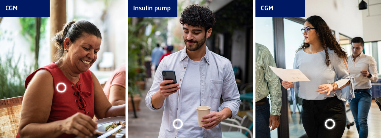 Three people wearing a CGM or insulin pump that is hidden under their clothing