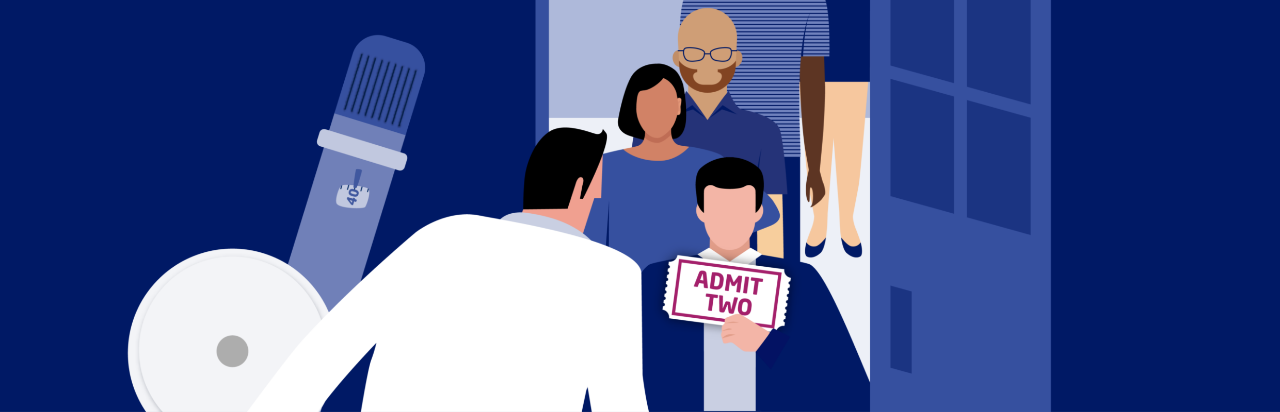 Illustration of family with boy holding an admit two ticket