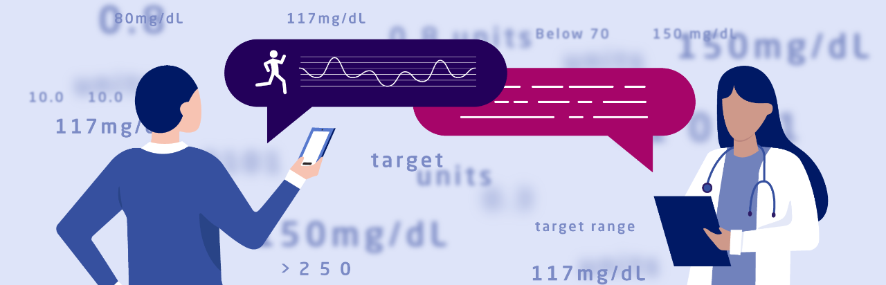 Illustration of patient measuring their daily habits on cell phone and doctor reading the data